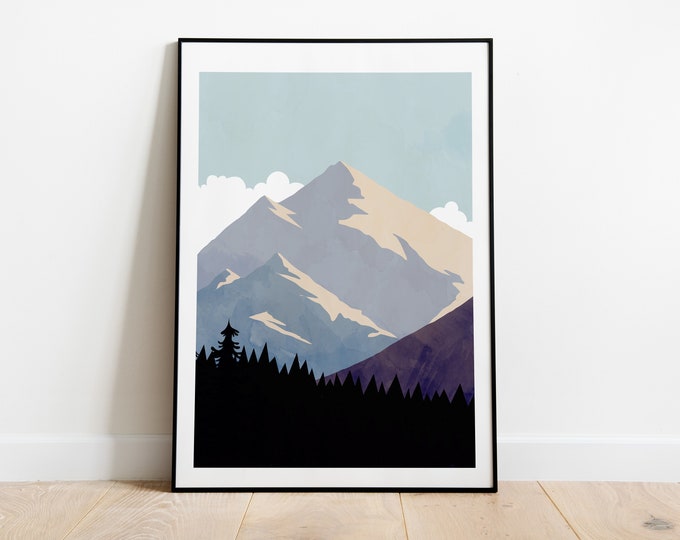 Mountain Landscape Print - Minimalist Print - Minimalist Mountains - Wall Art - Abstract Poster - Mountain Art - Teal Blue - Burnt Orange