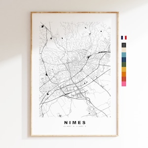 Nimes Impresión de mapas de la ciudad - Mapa de la ciudad minimalista - Arte de la pared del mapa - Impresiones o impresiones enmarcadas