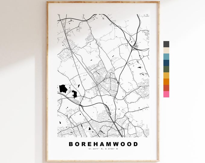 Borehamwood Map Print - Minimalist City Map Poster - Map Art - UK - Borehamwood Print - Hertfordshire - Different Colours Available