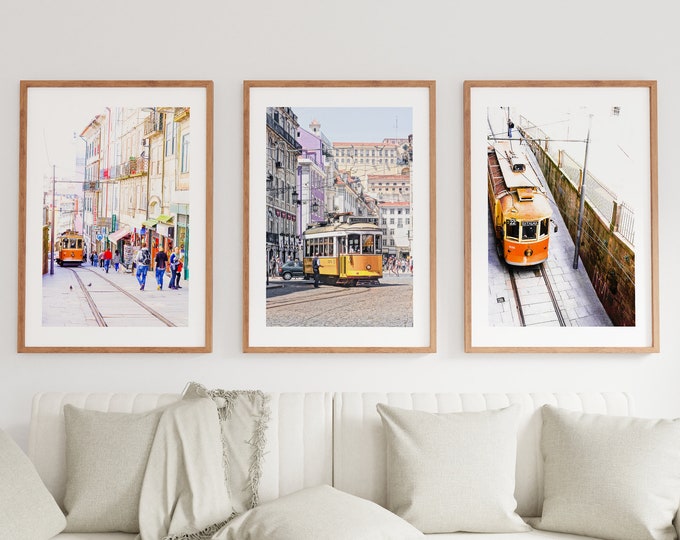 Portugal Print Set of Three - Lisbon and Porto Trams - Lisbon Prints - Porto Prints - Neutral Wal Art - Yellow - Orange - Wall Art - Photo