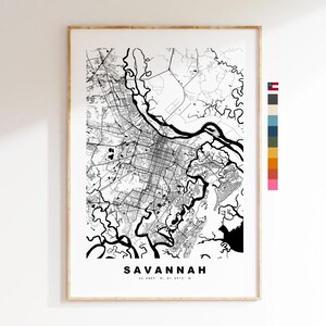 Savannah Carte de la ville Imprimer - impression de carte - art de la carte - estampes ou impressions encadrées - minimaliste - États-Unis