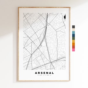 Impresión del mapa del Arsenal - Póster minimalista de mapa de la ciudad - Arte de mapas - Londres, Reino Unido - Impresión del Arsenal - Póster del Arsenal - Diferentes colores disponibles