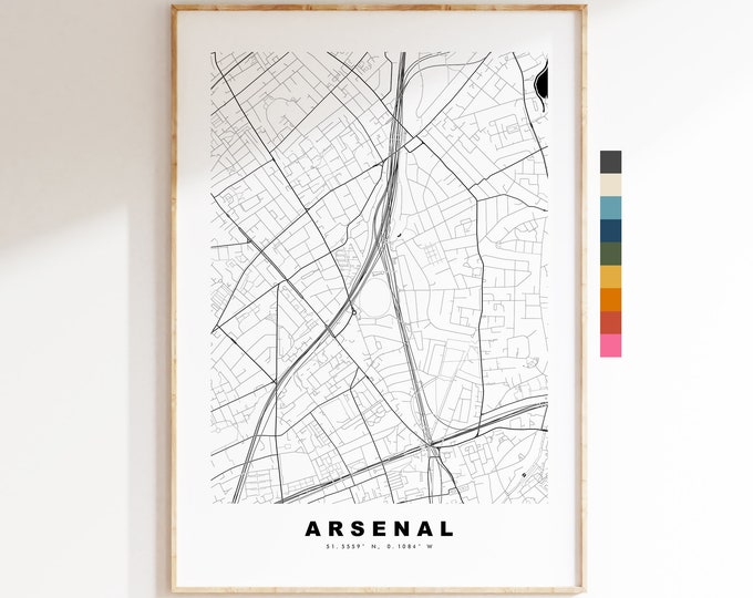Arsenal Map Print - Minimalist City Map Poster - Map Art - London, UK - Arsenal Print - Arsenal Poster - Different Colours Available