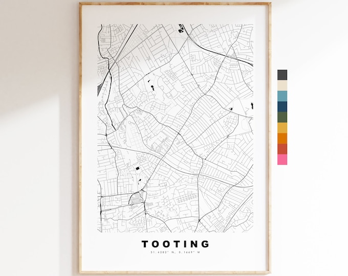 Tooting Map Print - Minimalist City Map Poster - Map Art - London, UK - Tooting Print - Tooting Poster - Different Colours Available