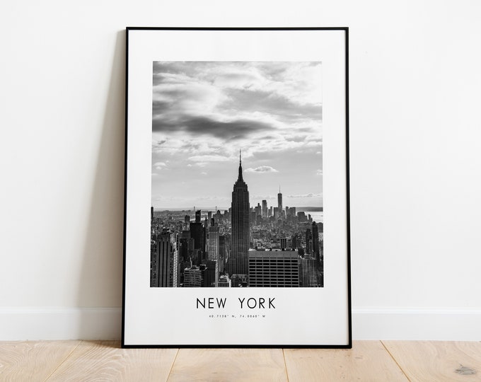 New York City Poster Print - Black and White Minimalist City Print - Coordinates - New York Poster - New York Art Print - NYC - Empire State
