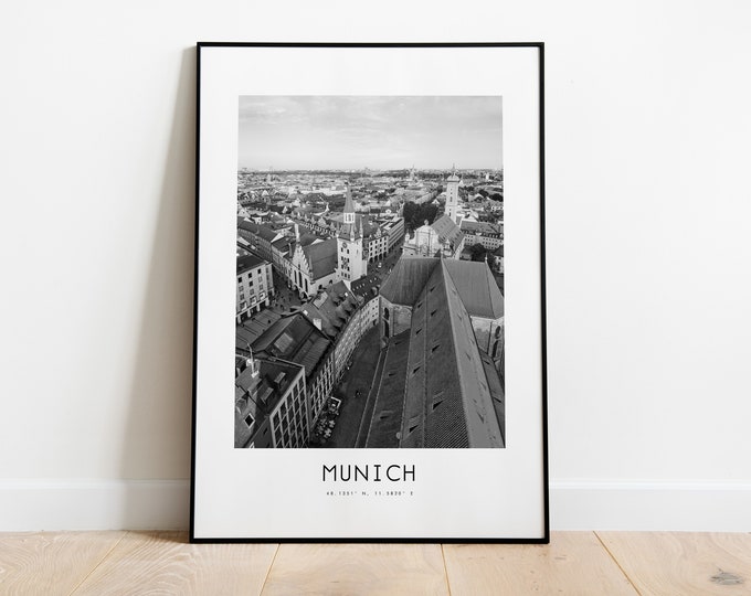 Munich City Poster Print - Black and White Minimalist City Print - Coordinates - Munich Poster - Munich Art Print - Germany - Munich Gift