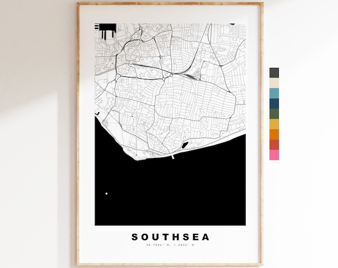 Southsea Map Print - Minimalist City Map Poster - Map Art - UK - Southsea Print - Southsea Poster - Different Colours Available