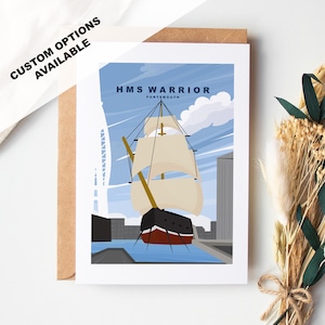 Cartão de saudação do guerreiro - Cartões Portsmouth e Southsea (Designs de viagem) - Em branco por dentro ou incluir mensagem - Envelope incluído