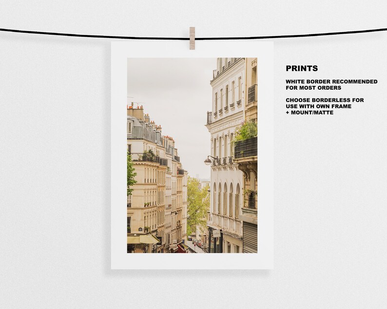 May include: A photograph of a narrow street in Paris, France. The street is lined with tall, beige buildings with balconies and windows. The buildings are decorated with ornate details, such as wrought iron railings and decorative stonework. The street is empty, except for a few trees and a small amount of foliage.