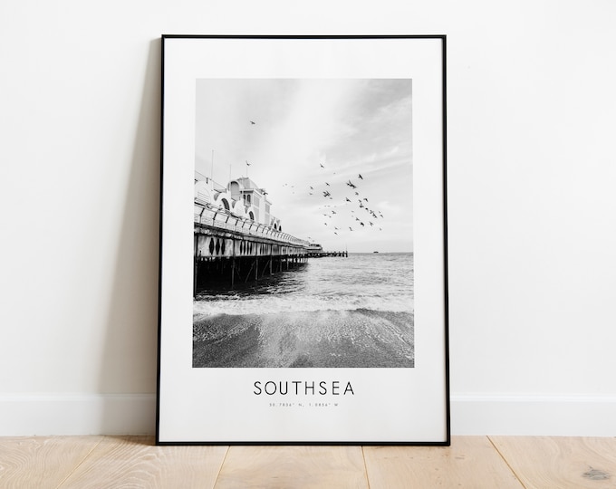 Southsea Poster Print - Black and White Minimalist City Print - Coordinates - Southsea Poster - Southsea Art Print - South Parade Pier