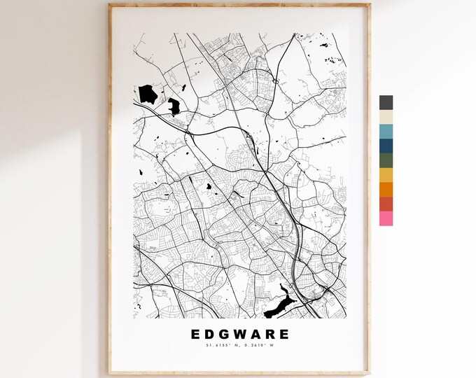 Edgware Map Print - Minimalist City Map Poster - Map Art - UK - Edgware Print - Edgware, London - Different Colours Available