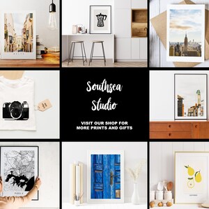 May include: A collage of framed prints featuring various cityscapes, a blue door, a lemon illustration, and a coffee pot design. The prints are displayed on a white wall with a black background and the text "Southsea Studio" and "Visit our shop for more prints and gifts".
