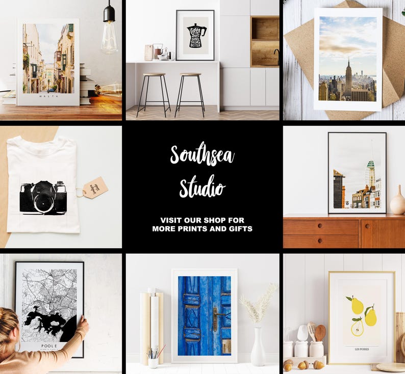 May include: A collage of framed prints featuring various cityscapes, a blue door, a lemon illustration, and a coffee pot design. The prints are displayed on a white wall with a black background and the text "Southsea Studio" and "Visit our shop for more prints and gifts".
