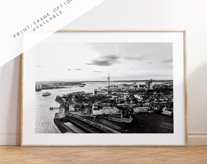 Portsmouth Skyline - Photography Print - Portsmouth and Southsea Prints - Wall Art -  Frame and Canvas Options - Landscape - Aerial - BW