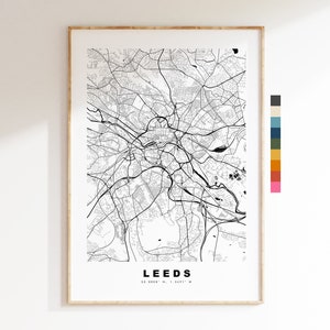 Impresión de mapa de Leeds - Póster de mapa de ciudad minimalista - Arte de mapas - Reino Unido - Impresión de Leeds - Póster de Leeds - Diferentes colores disponibles