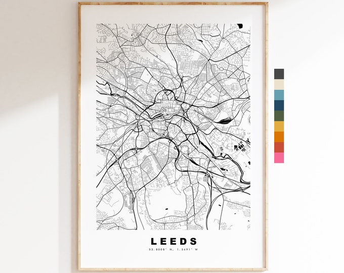 Leeds Map Print - Minimalist City Map Poster - Map Art - UK - Leeds Print - Leeds Poster - Different Colours Available