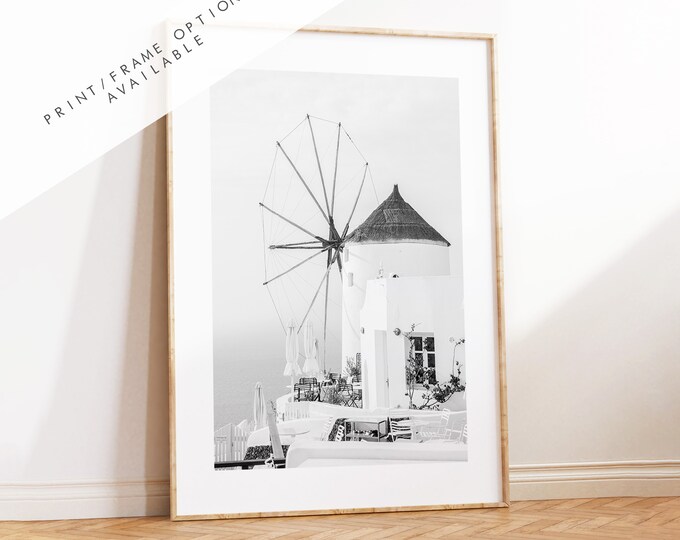Santorini Black and White Print - Greece - Print - Poster - Santorini Photography - Greece Wall Art - Monochrome - Windmill - Black & White