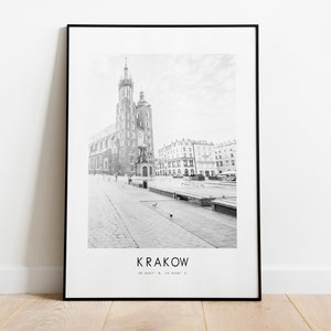 Impression d&#39;affiche de la ville de Cracovie - Impression de ville minimaliste en noir et blanc - Coordonnées - Poster de Cracovie - Impression d&#39;art de Cracovie - Pologne - Cadeau de Cracovie