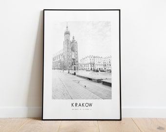 Krakow City Poster Print - Black and White Minimalist City Print - Coordinates - Krakow Poster - Krakow Art Print - Poland - Krakow Gift