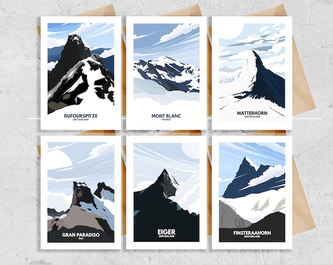 Les Alpes Greeting Card Set - 6x Greeting Cards - Blank Inside - Mont Blanc - Matterhorn - Dufourspitze - Monte Rosa - Gran Paradiso - Alps