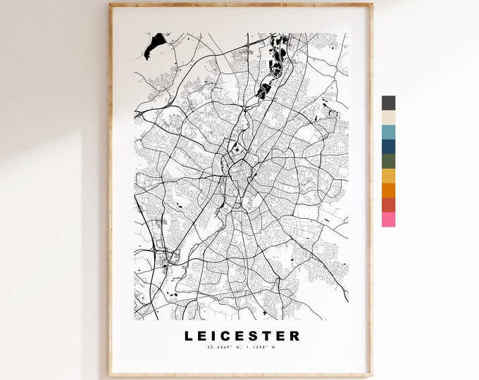Leicester Map Print - Minimalist City Map Poster - Map Art - UK - Leicester Print - Leicester Poster - Different Colours Available