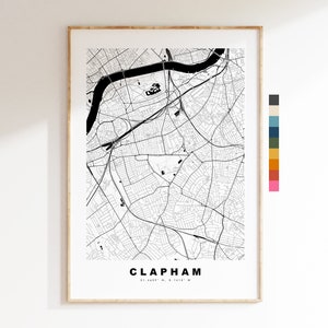 Impressão de mapa de Clapham - pôster de mapa de cidade minimalista - arte de mapa - Londres, Reino Unido - Impressão de Clapham - pôster de Clapham - cores diferentes disponíveis