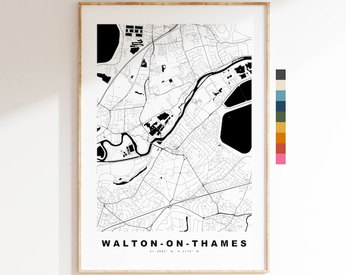 Walton on Thames Map Print - Minimalist City Map Poster - Map Art - London, UK - Walton Print - Poster - Different Colours Available