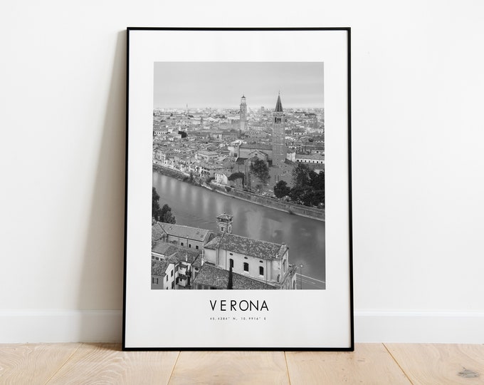 Verona City Poster Print - Black and White Minimalist City Print - Coordinates - Verona Poster - Verona Art Print - Verona Print - Italy