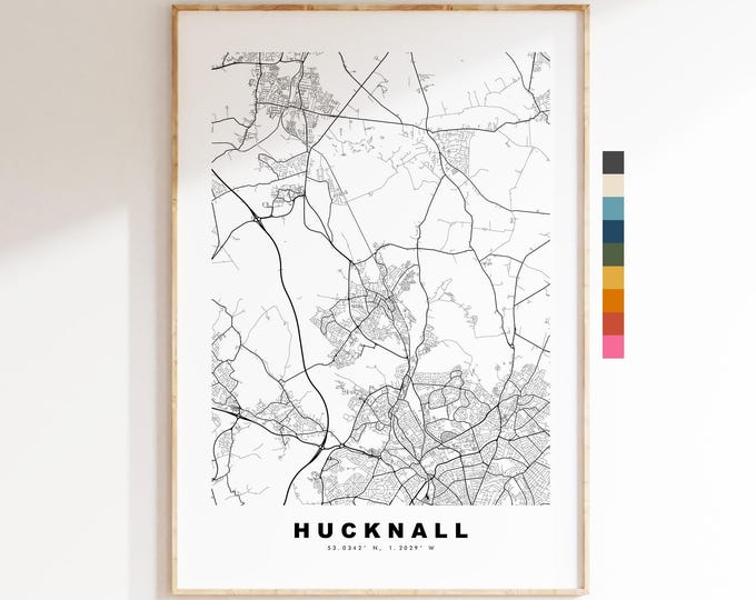 Hucknall Map Print - Minimalist City Map Poster - Map Art - UK - Hucknall Print - Hucknall, Nottinghamshire - Different Colours Available