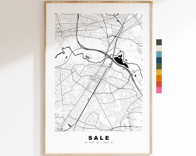 Sale Map Print - Minimalist City Map Poster - Map Art - UK - Sale Print - Sale Manchester - Poster - Different Colours Available