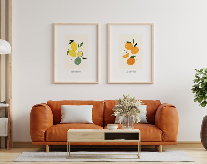 Fruit Print Set of Two - Kitchen Wall Art - Kitchen Poster - Kitchen Prints - Les Citrons - Lemons - Les Oranges - Oranges - Minimalist