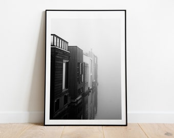 Mist on the Lake - Minimalist Architecture Photography Print - Boat Houses - Amsterdam - Black and White Photography Print - Contemporary