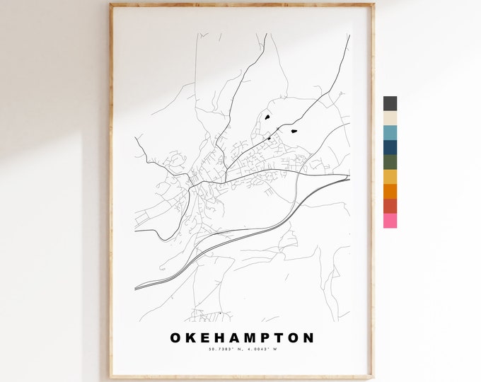 Okehampton Map Print - Minimalist City Map Poster - Map Wall Art - UK - Okehampton Print - Okehampton Poster - Different Colours Available