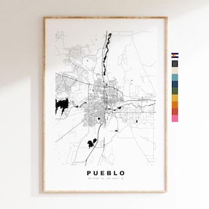 Pueblo Carte de la ville Imprimer - impression de carte - art de la carte - estampes ou impressions encadrées - minimaliste - États-Unis