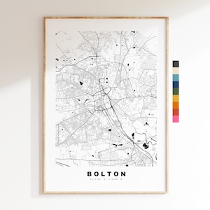 Impresión de mapa de Bolton - Póster de mapa de ciudad minimalista - Arte de pared con mapas - Reino Unido - Impresión de Bolton - Póster de Bolton - Diferentes colores disponibles