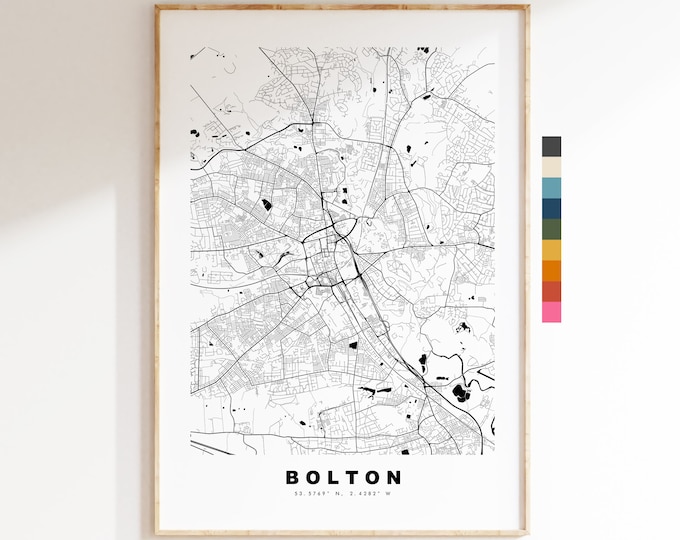 Bolton Map Print - Minimalist City Map Poster - Map Wall Art - UK - Bolton Print - Bolton Poster - Different Colours Available