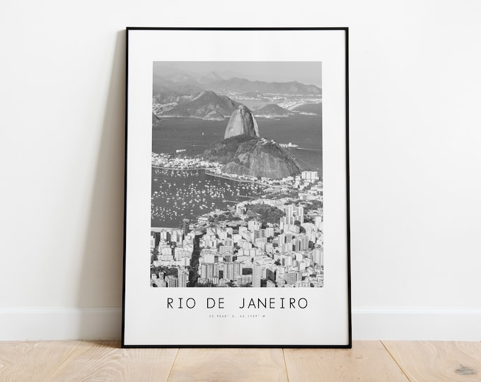 Rio De Janeiro City Poster Print - Black and White Minimalist City Print - Coordinates - Rio De Janeiro Poster - Rio De Janeiro Art Print