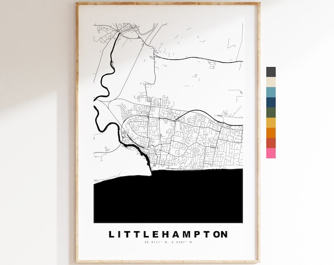 Littlehampton Map Print - Minimalist City Map Poster - Map Art - UK - Littlehampton - Littlehampton Poster - Different Colours Available