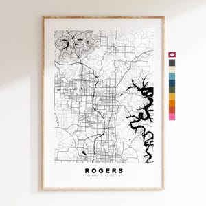 Rogers Carte de la ville Imprimer - impression de carte - art de la carte - estampes ou impressions encadrées - minimaliste - États-Unis