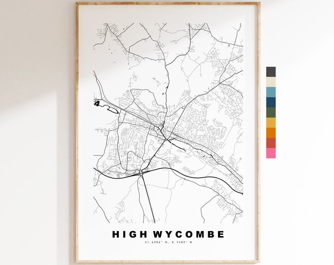 High Wycombe Map Print - Minimalist City Map Poster - Map Wall Art - UK - High Wycombe Print - Poster - Different Colours Available