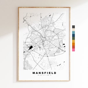 Impresión de mapa de Mansfield - Póster de mapa de ciudad minimalista - Arte de pared con mapas - Reino Unido - Impresión de Mansfield - Póster de Mansfield - Diferentes colores disponibles