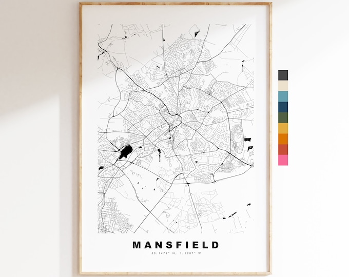 Mansfield Map Print - Minimalist City Map Poster - Map Wall Art - UK - Mansfield Print - Mansfield Poster - Different Colours Available