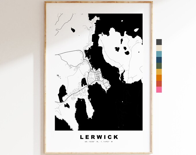 Lerwick Map Print - Minimalist City Map Poster - Map Wall Art - Scotland - Lerwick Print - Lerwick Poster - Different Colours Available