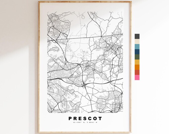 Prescot Map Print - Minimalist City Map Poster - Map Art - UK - Prescot Print - Prescot, Merseyside - Different Colours Available