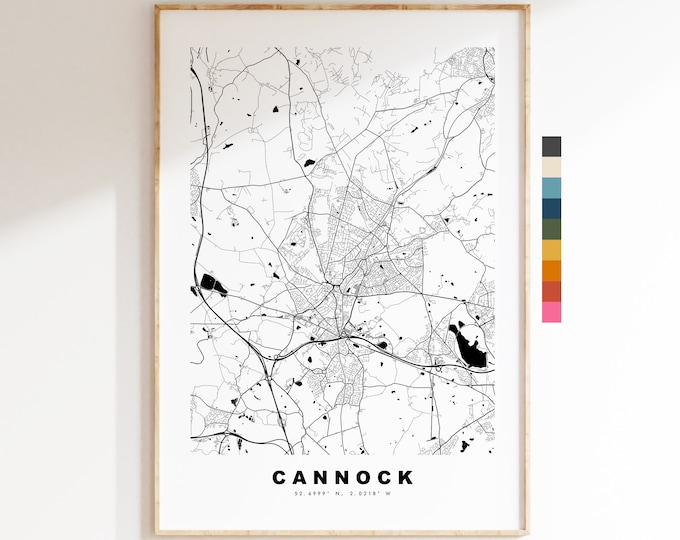 Cannock Map Print - Minimalist City Map Poster - Map Art - UK - Cannock Print - Cannock Poster - Different Colours Available