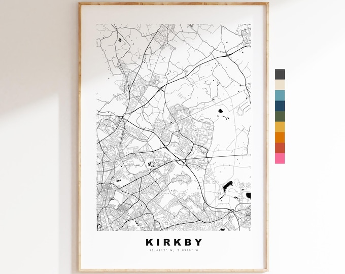 Kirkby Map Print - Minimalist City Map Poster - Map Art - UK - Kirkby Print - Kirkby, Merseyside - Different Colours Available