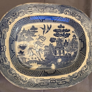 Antique Blue Willow Style Platter 16” Oval Transferware Serving Plate Rustic Farmhouse Decor