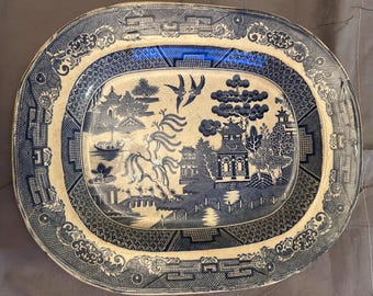 Antique Blue Willow Style Platter 16” Oval Transferware Serving Plate Rustic Farmhouse Decor