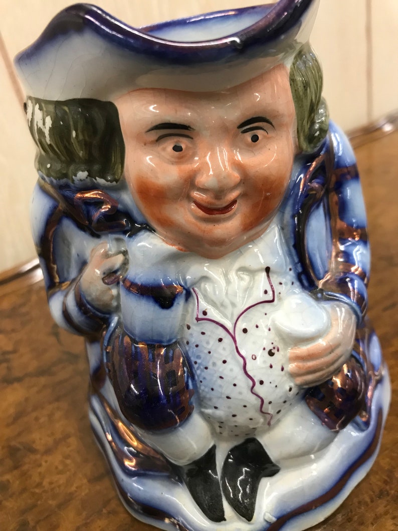 Flow Blue English TOBY Jug with Copper Luster c 1840-1900 Staffordshire