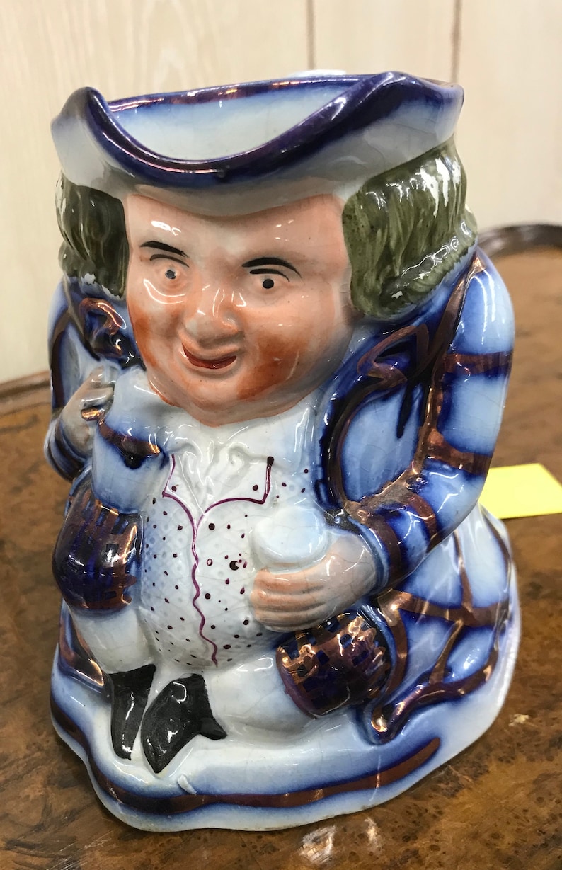 Flow Blue English TOBY Jug with Copper Luster c 1840-1900 Staffordshire